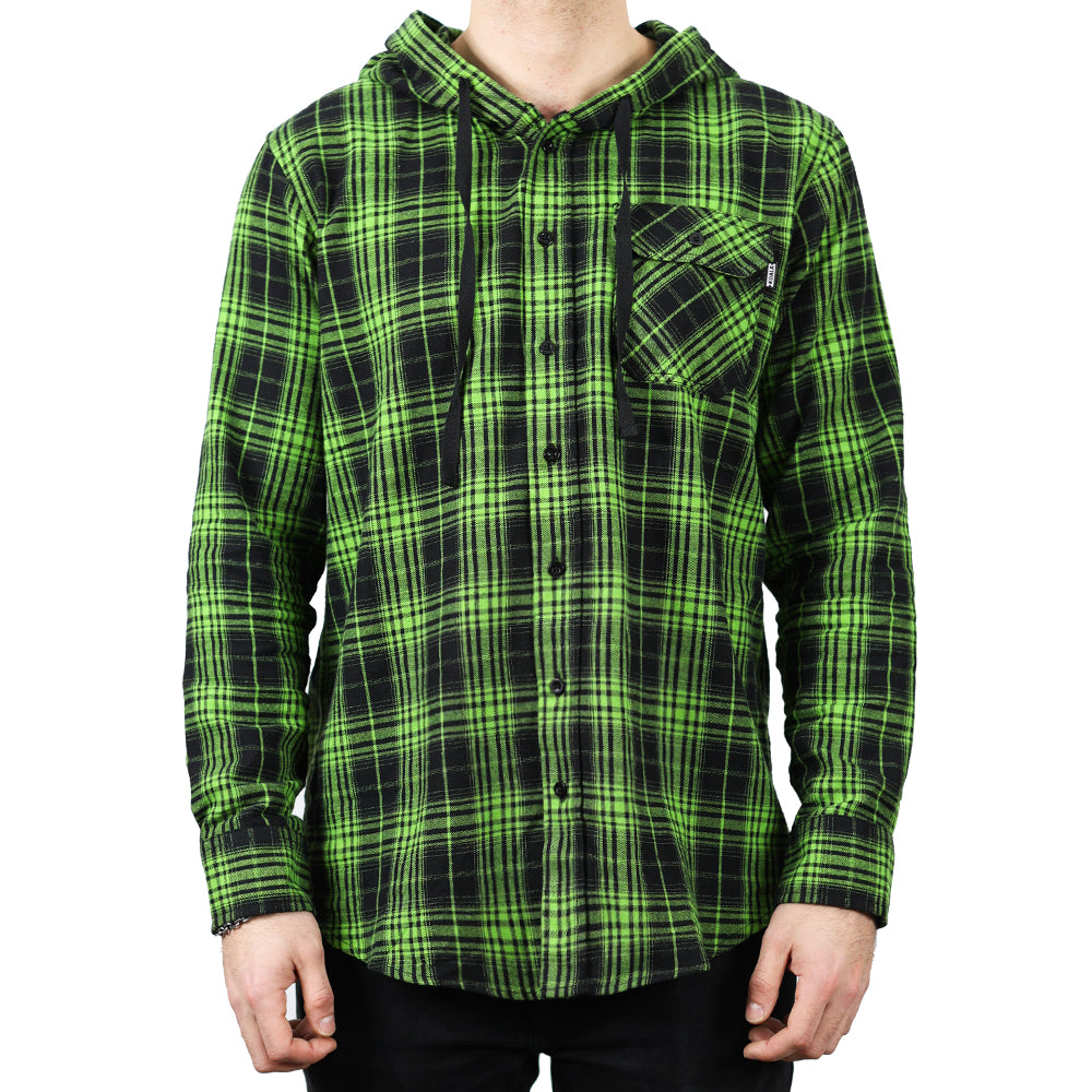 Neon Green Plaid Flannel Hoodie S Neon Green Plaid Flannel Hoodie S