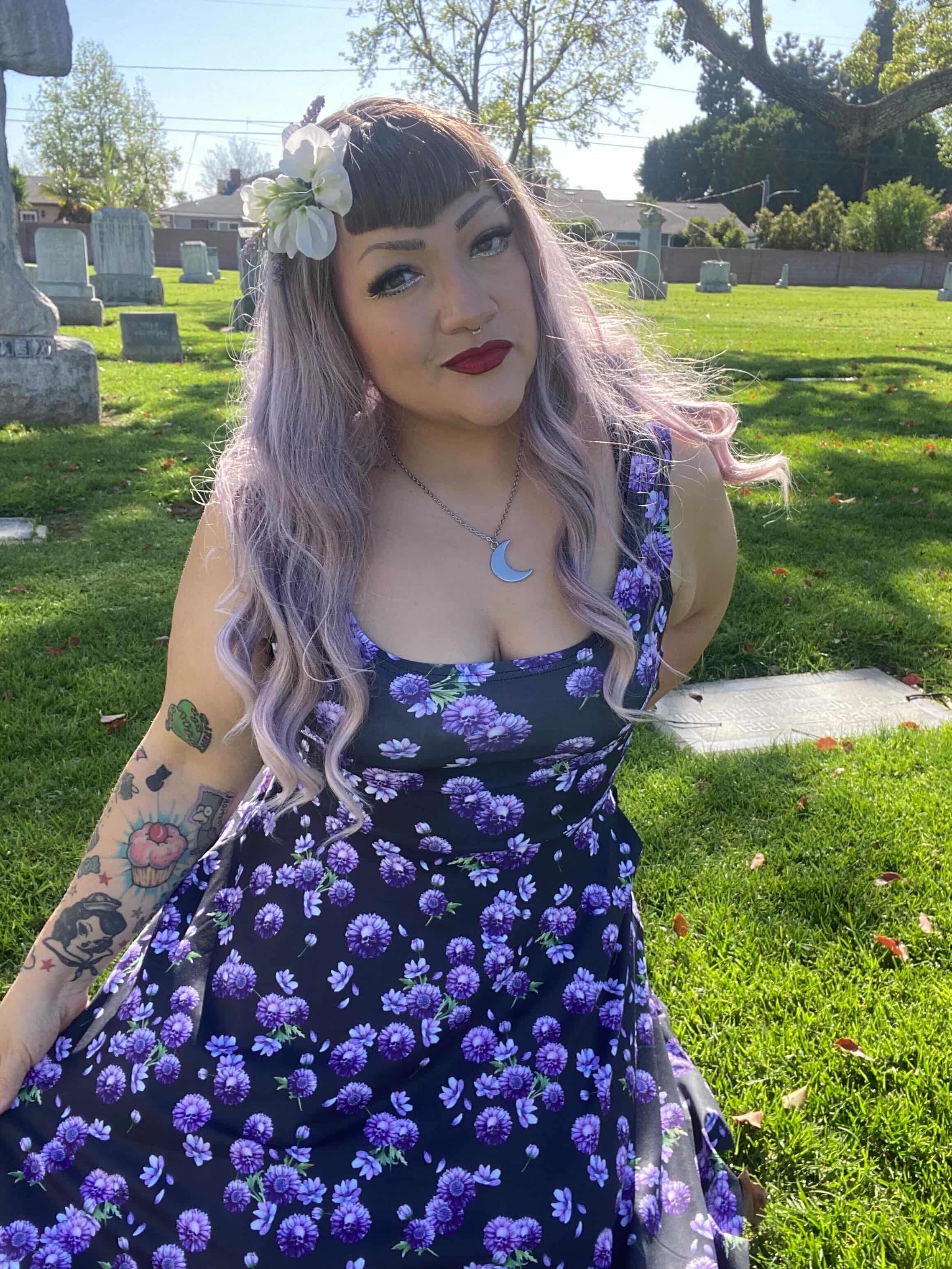 @mindymorbs wearing Dahlia Skull Pocket Skater Dress