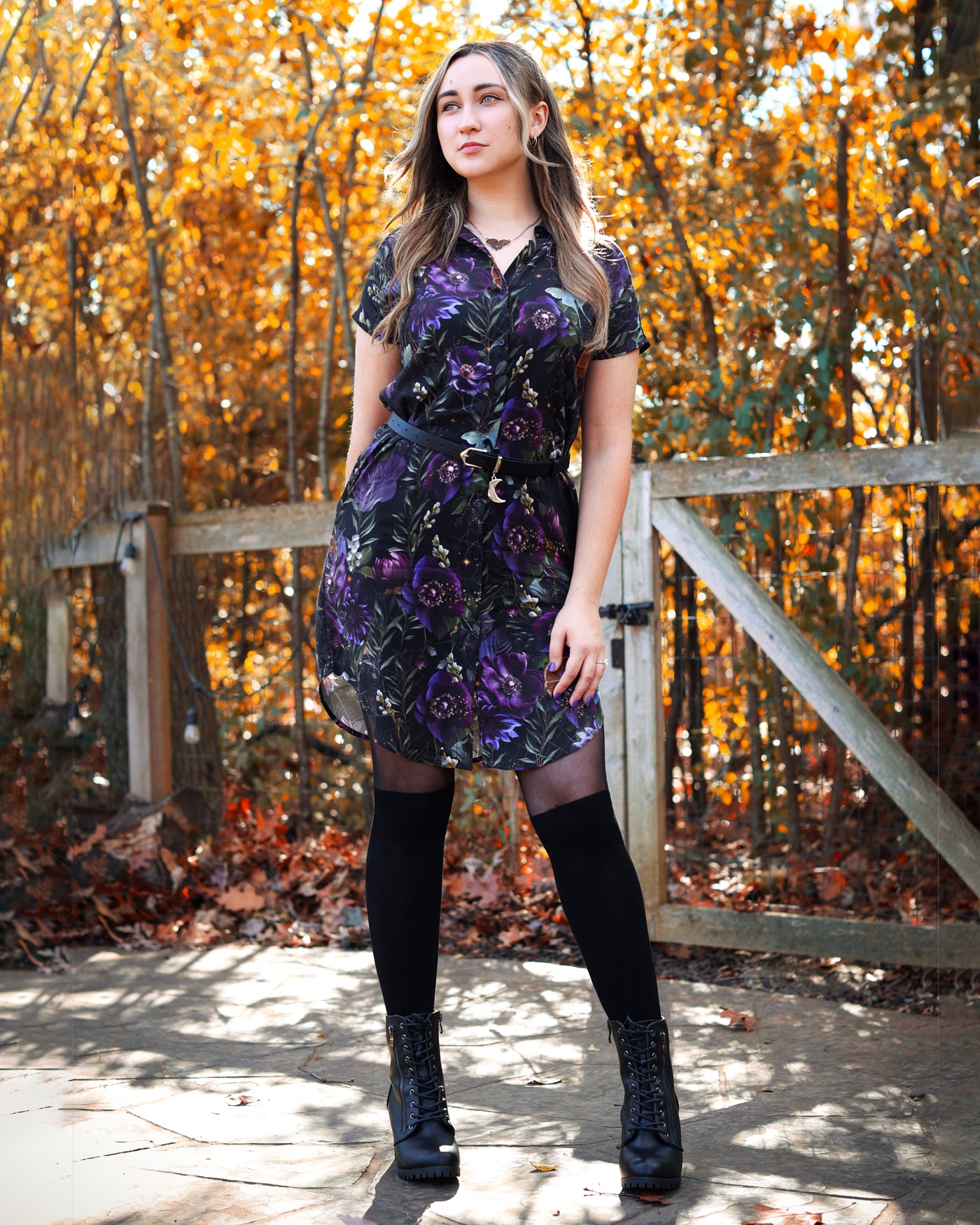 Lunar Bloom Dark Romance Button Up Dress