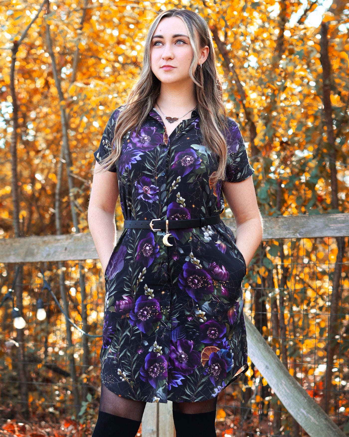 Lunar Bloom Dark Romance Button Up Dress