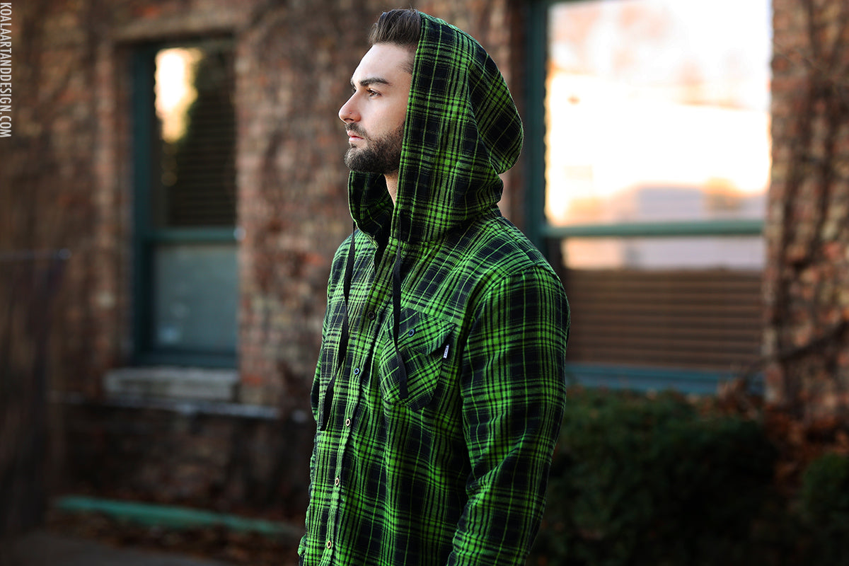 Neon Green Plaid Flannel Hoodie